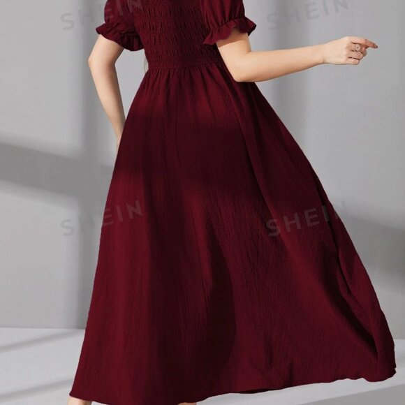 SHEIN Mulvari Plus Shirred Puff Sleeve A-line Dress - Picture 2 of 6